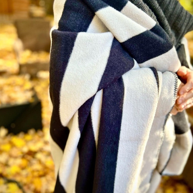 
                  
                    Medium shot of blanket draped over torso of woman - outdoors in fall.
                  
                