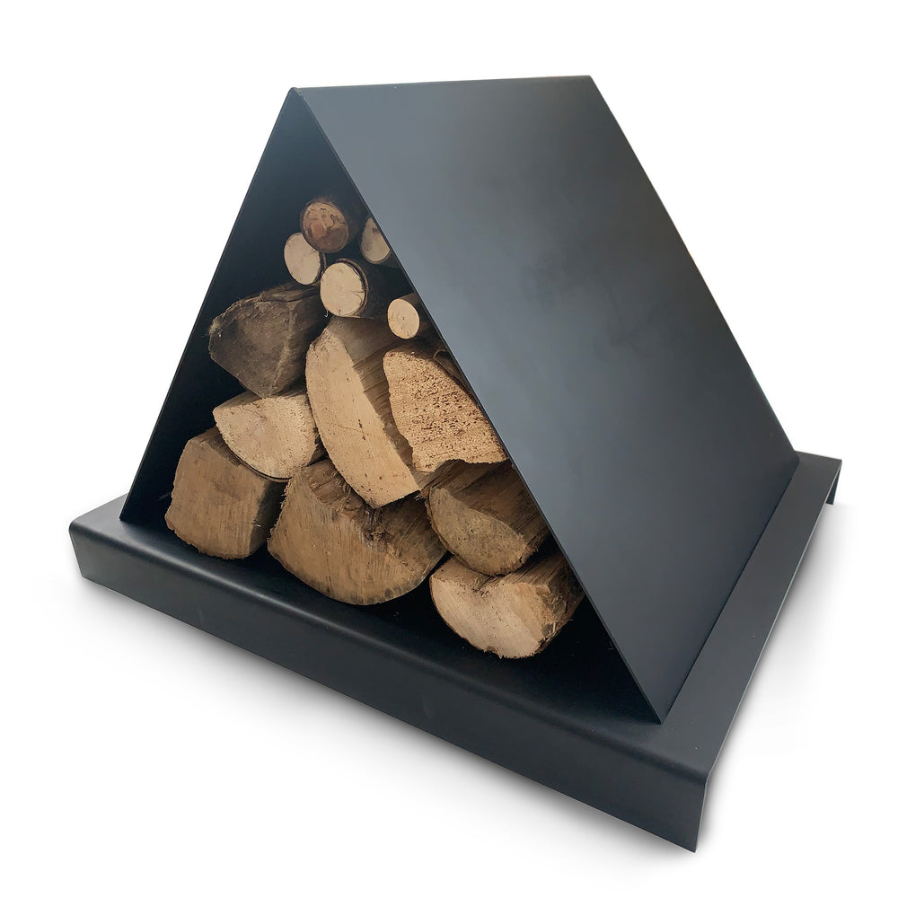A-Frame wood holder black steel from Big Wide Outside. Holds the perfect amount of firewood for your outdoor fire pit.